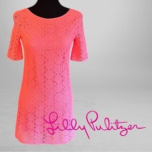 Lilly Pulitzer Neon Coral Pink Crochet Knit Dress Girl's Sz XL (12-14)